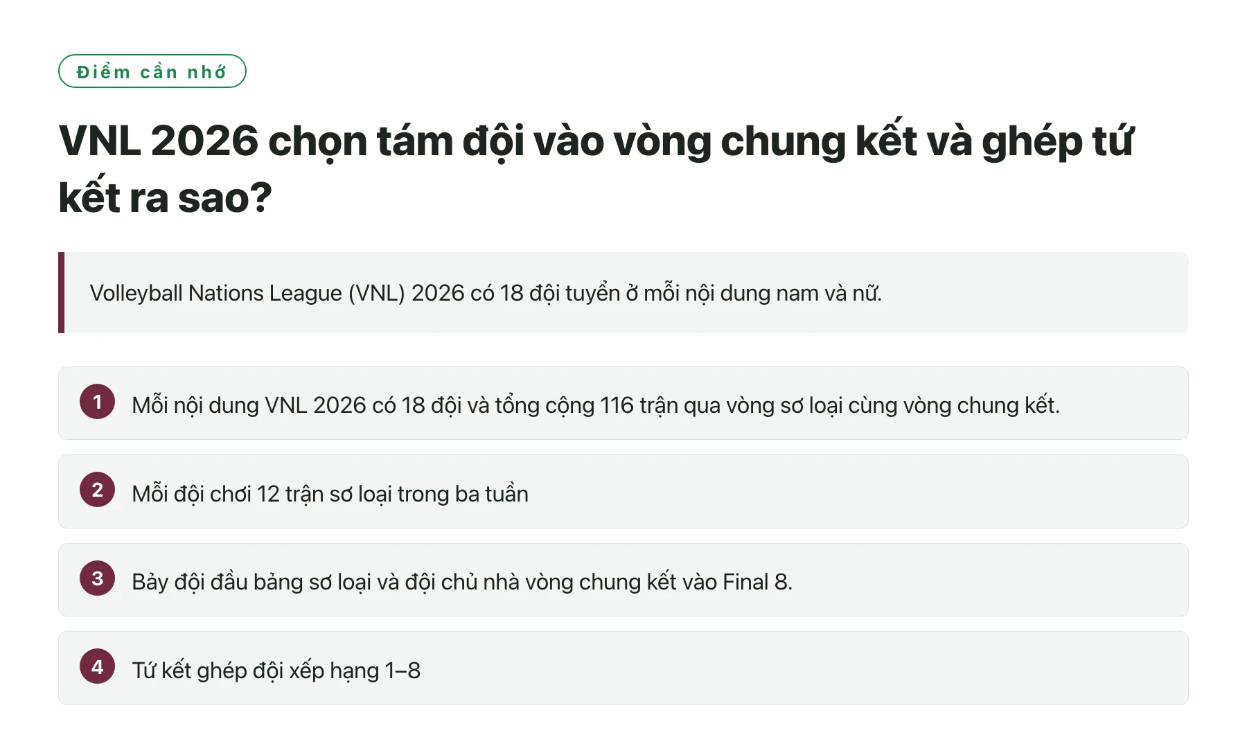 VNL 2026 chọn tám đội vào vòng chung kết và ghép tứ kết ra sao?——全文要点速览